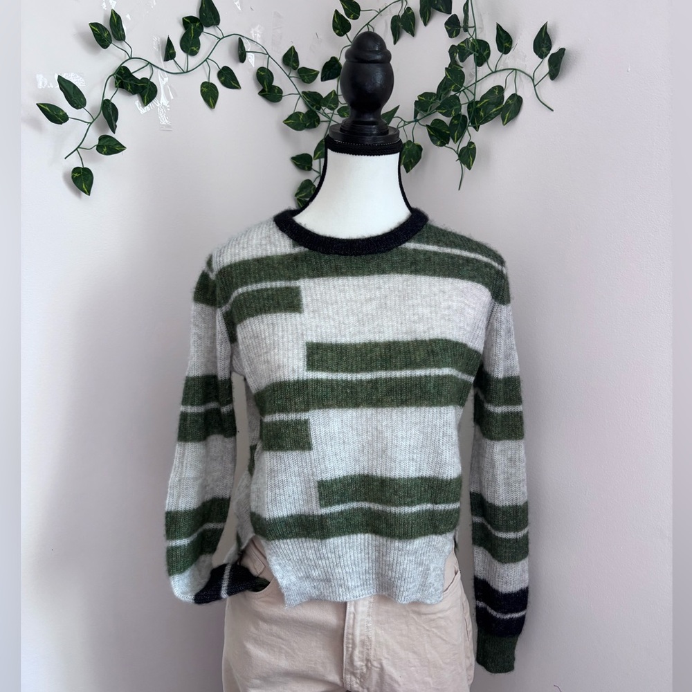 Womens Sweater in Green, Gray Stripes Cashmere and Silk, Soft Size XS